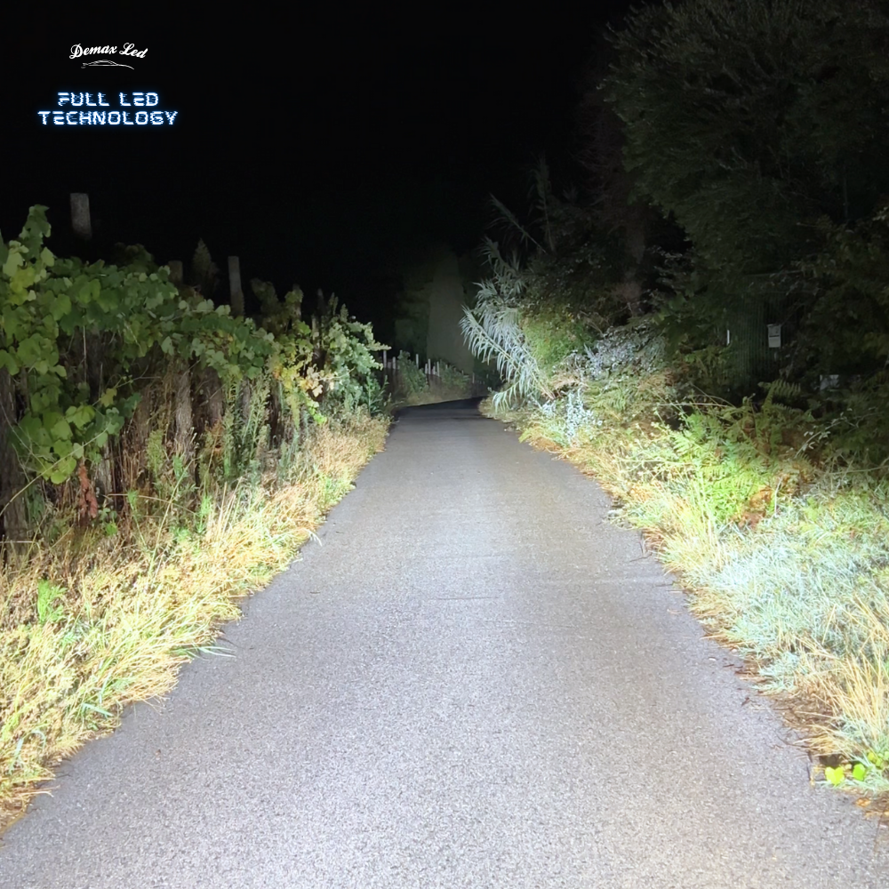 High-beam pattern from Fiat 500 and Abarth Full LED headlights on a road at night