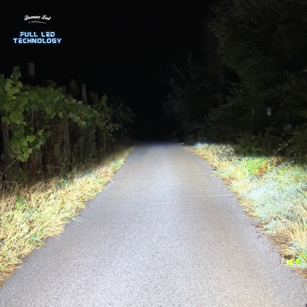 Low-beam pattern from Fiat 500 and Abarth Full LED headlights on a road at night