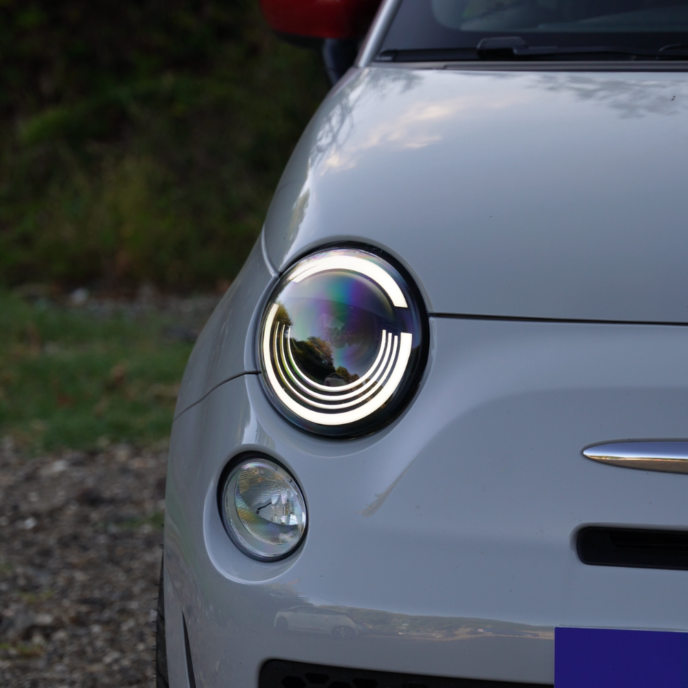 Close-up of the projector in Fiat 500 and Abarth Full LED headlights
