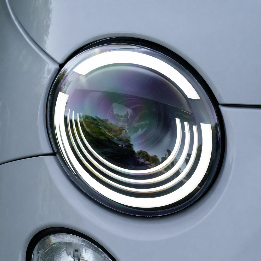 Full LED headlight installed on RHD Fiat 500 and Abarth 2008–2025, close-up